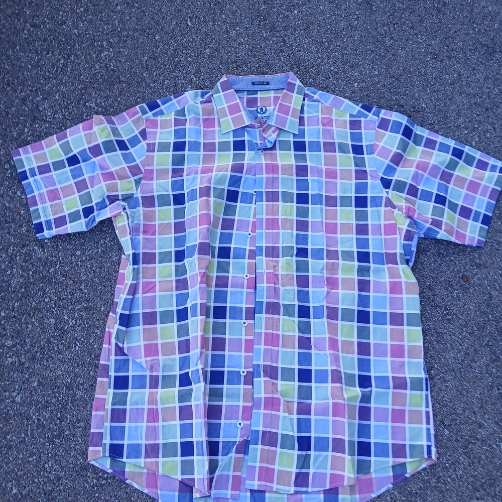 Bugatchi Shirt Mens Medium Multicolor Plaid Short Sleeve Classic Fit Button Up
